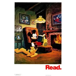 Visuel Disney vers 1981 montrant Mickey Mouse lisant un livre près d'une cheminée avec Pluto allongé à ses pieds.