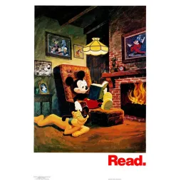 Visuel Disney vers 1981 montrant Mickey Mouse lisant un livre près d'une cheminée avec Pluto allongé à ses pieds.