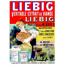 Pub Liebig Véritable Extrait de Viande femme rousse soupière troupeau bovins boîtes conserve hors concours 1885