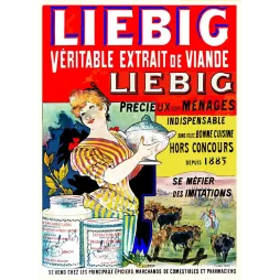 Pub Liebig Véritable Extrait de Viande femme rousse soupière troupeau bovins boîtes conserve hors concours 1885