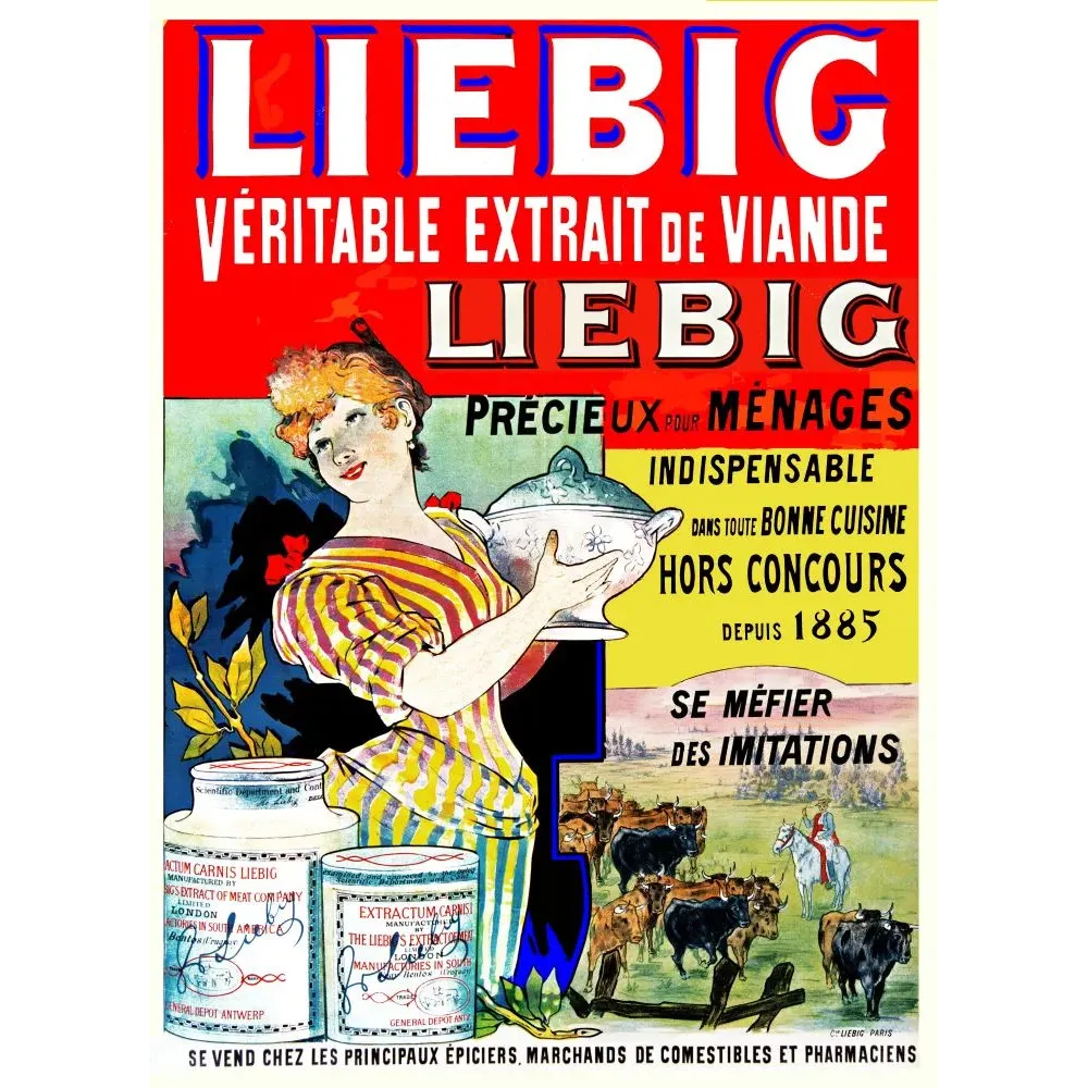 Pub Liebig Véritable Extrait de Viande femme rousse soupière troupeau bovins boîtes conserve hors concours 1885 Pub Liebig Véritable Extrait de Viande femme rousse soupière troupeau bovins boîtes conserve hors concours 1885