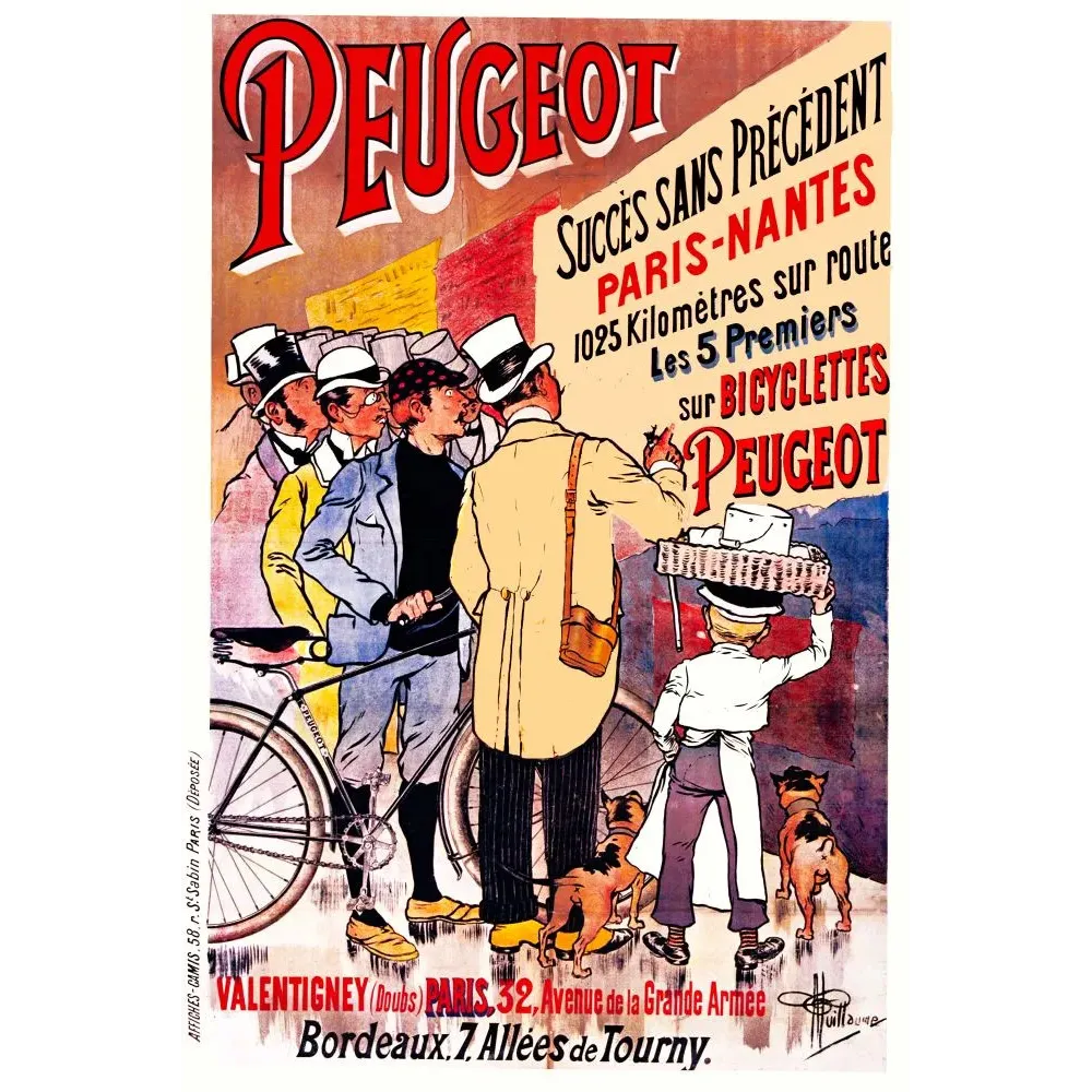Pub Bicyclettes Peugeot Paris-Nantes 1025 km cyclisme coureurs spectateurs signé Guillaume Affiches-Camis Paris Pub Bicyclettes Peugeot Paris-Nantes 1025 km cyclisme coureurs spectateurs signé Guillaume Affiches-Camis Paris