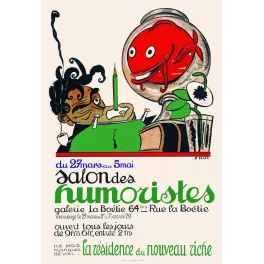 Affiche Salon des Humoristes Galerie La Boétie Paris L. Falké poisson rouge bocal personnage masqué bougie verte