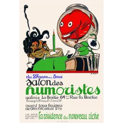 Affiche Salon des Humoristes Galerie La Boétie Paris L. Falké poisson rouge bocal personnage masqué bougie verte