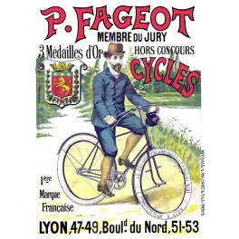 Pub Cycles P. Fageot Lyon 3 médailles d'or cycliste élégant chapeau melon blason lion héraldique pneumatiques