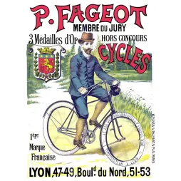 Pub Cycles P. Fageot Lyon 3 médailles d'or cycliste élégant chapeau melon blason lion héraldique pneumatiques