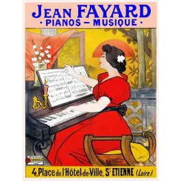 Pub Jean Fayard Pianos Musique Saint-Étienne femme robe rouge piano chandelier coucher soleil Art Nouveau signé Staněk