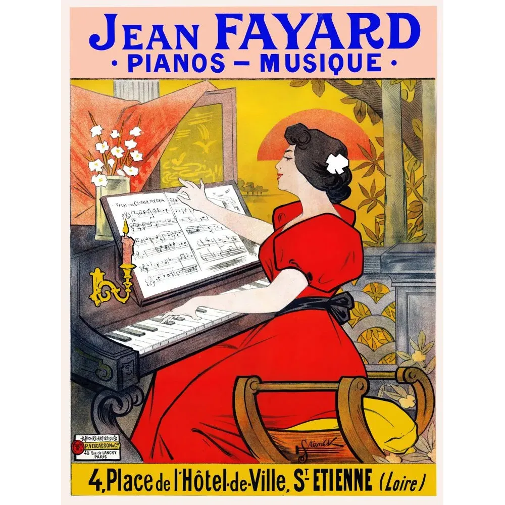 Pub Jean Fayard Pianos Musique Saint-Étienne femme robe rouge piano chandelier coucher soleil Art Nouveau signé Staněk Pub Jean Fayard Pianos Musique Saint-Étienne femme robe rouge piano chandelier coucher soleil Art Nouveau signé Staněk