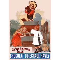 Pub Chocolat Delespaul-Havez Lille 3 enfants machine chocolat tablettes roue dentée signé Firmin Bouisset