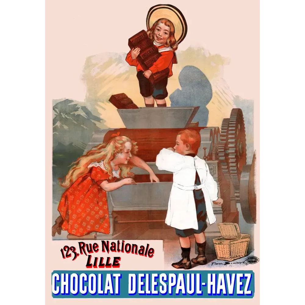Pub Chocolat Delespaul-Havez Lille 3 enfants machine chocolat tablettes roue dentée signé Firmin Bouisset