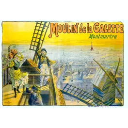 Affiche Moulin de la Galette Montmartre 1898 couples ailes moulin panorama Paris Tour Eiffel lumière dorée G. Pickin Chaix
