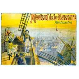 Affiche Moulin de la Galette Montmartre 1898 couples ailes moulin panorama Paris Tour Eiffel lumière dorée G. Pickin Chaix