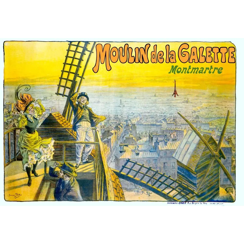 Affiche Moulin de la Galette Montmartre 1898 couples ailes moulin panorama Paris Tour Eiffel lumière dorée G. Pickin Chaix Affiche Moulin de la Galette Montmartre 1898 couples ailes moulin panorama Paris Tour Eiffel lumière dorée G. Pickin Chaix