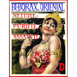 Pub Bi-Borax Oriental femme tiare dorée bijoux perles cheveux noirs signé Henry Detouche orientalisme Art Nouveau
