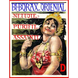 Pub Bi-Borax Oriental femme tiare dorée bijoux perles cheveux noirs signé Henry Detouche orientalisme Art Nouveau