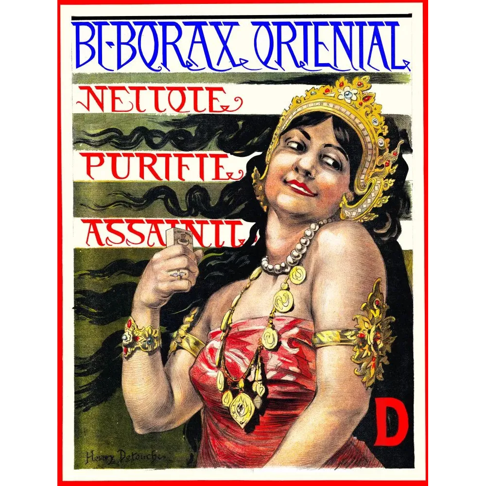 Pub Bi-Borax Oriental femme tiare dorée bijoux perles cheveux noirs signé Henry Detouche orientalisme Art Nouveau Pub Bi-Borax Oriental femme tiare dorée bijoux perles cheveux noirs signé Henry Detouche orientalisme Art Nouveau