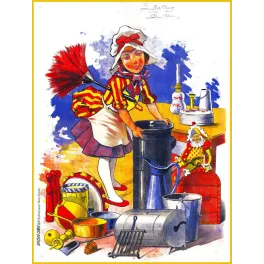 Pub Articles de Ménage fillette costume rayé rouge jaune balai plumes pantin arlequin ustensiles cuisine Affiches-Camis Paris