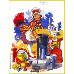 Pub Articles de Ménage fillette costume rayé rouge jaune balai plumes pantin arlequin ustensiles cuisine Affiches-Camis Paris