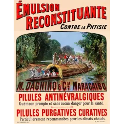 Publicité Émulsion Reconstituante Dagnino Maracaibo pirogue navigation forêt tropicale phtisie pilules Champenois