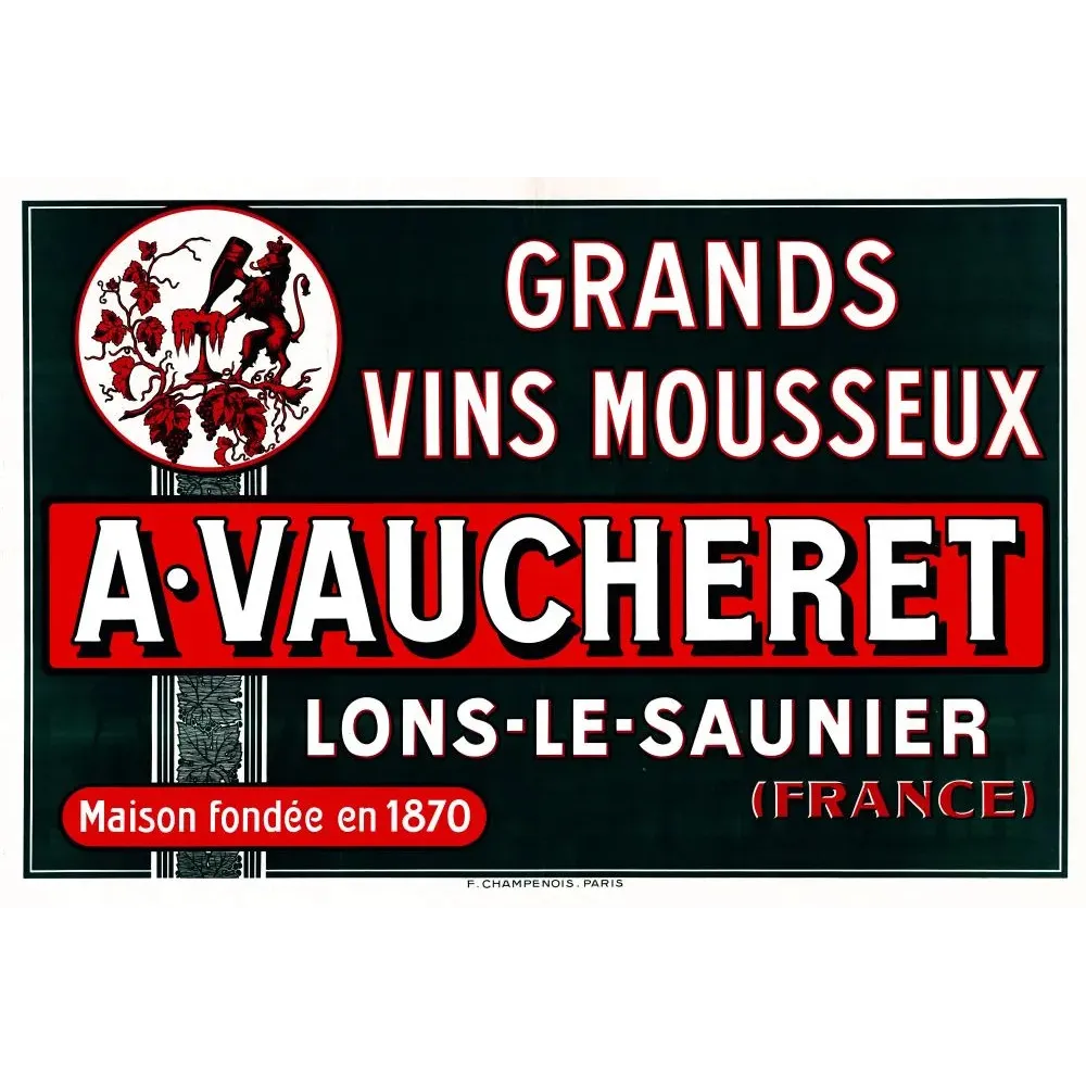 Publicité Grands Vins Mousseux A. Vaucheret Lons-le-Saunier Jura fondée 1870 lion vigne fond vert noir Publicité Grands Vins Mousseux A. Vaucheret Lons-le-Saunier Jura fondée 1870 lion vigne fond vert noir