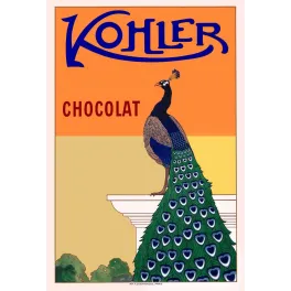 Publicité Chocolat Kohler paon plumage bleu-vert queue ocelles fond orange Art Nouveau Champenois Paris
