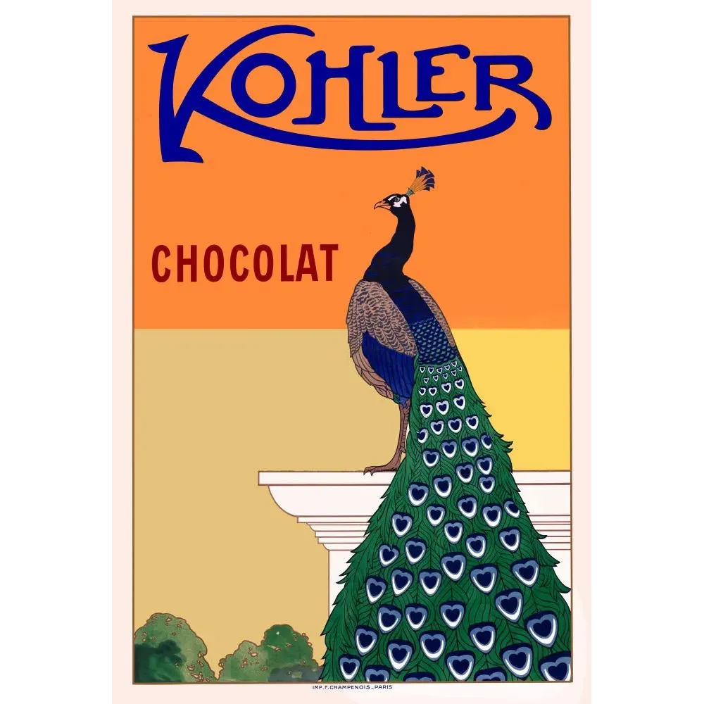 Publicité Chocolat Kohler paon plumage bleu-vert queue ocelles fond orange Art Nouveau Champenois Paris