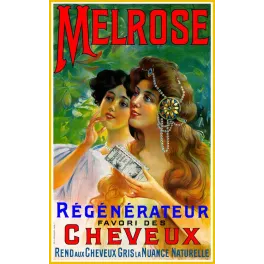 Publicité Melrose régénérateur cheveux deux femmes élégantes diadème perles flacon Champenois Paris