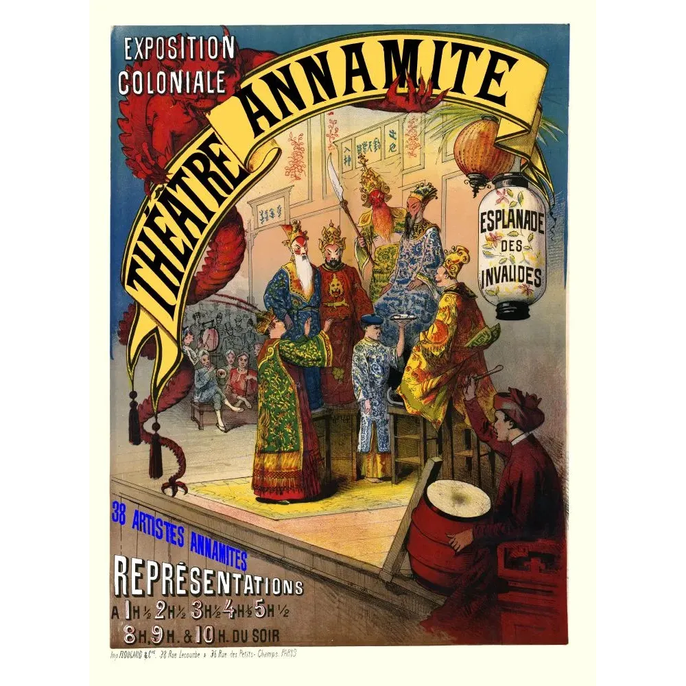 Publicité Théâtre Annamite Exposition Coloniale Invalides Paris acteurs costumes brodés masques tambour 38 artistes