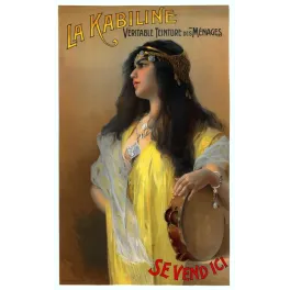 Publicité La Kabiline teinture ménages femme orientale robe jaune diadème doré tambourin portrait De Detter
