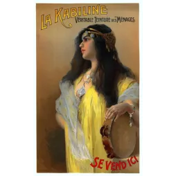 Publicité La Kabiline teinture ménages femme orientale robe jaune diadème doré tambourin portrait De Detter