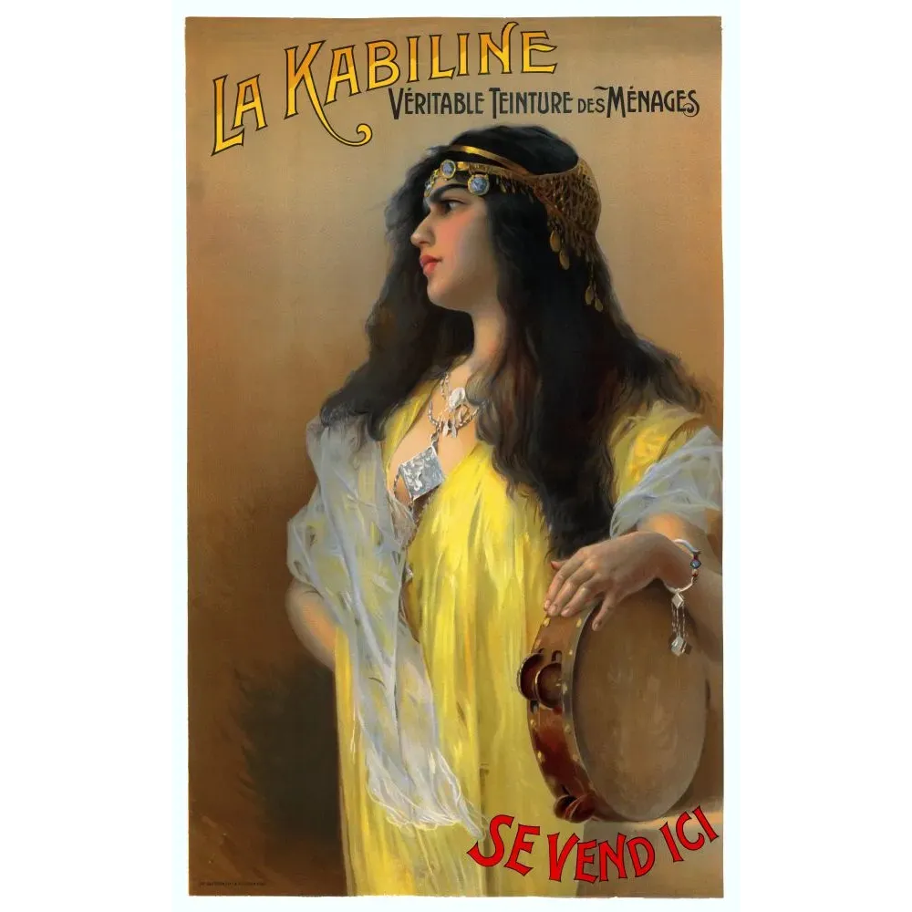 Publicité La Kabiline teinture ménages femme orientale robe jaune diadème doré tambourin portrait De Detter Publicité La Kabiline teinture ménages femme orientale robe jaune diadème doré tambourin portrait De Detter