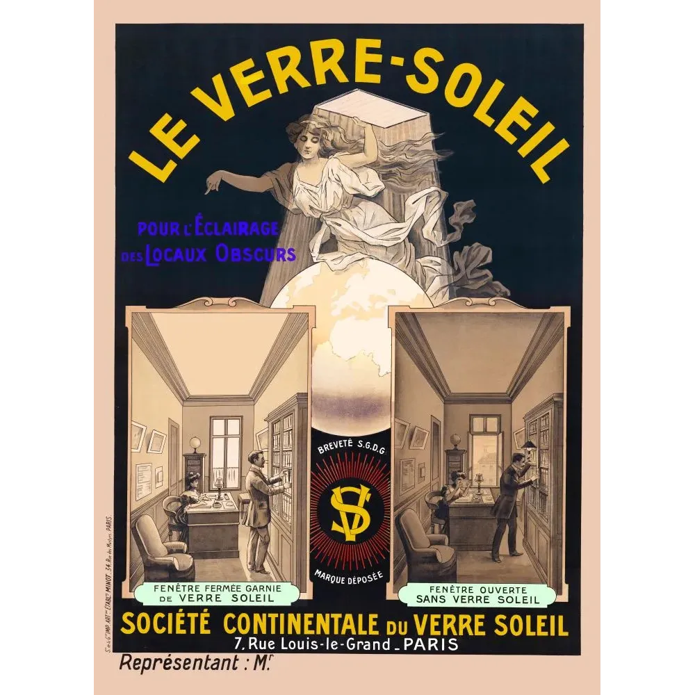 Publicité Verre-Soleil éclairage locaux obscurs allégorie féminine globe vignettes comparatives Paris breveté Publicité Verre-Soleil éclairage locaux obscurs allégorie féminine globe vignettes comparatives Paris breveté