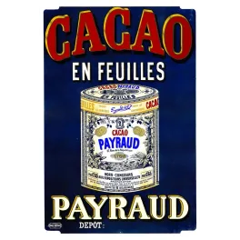 Publicité Cacao en Feuilles Payraud Lyon 37 Rue République boîte médailles fond bleu nuit Paul Dupont Paris