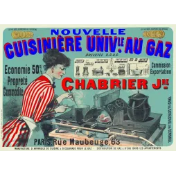 Pub Cuisinière Universelle au Gaz Chabrier Jne Paris rue Maubeuge femme fourneau tablier blanc médailles expositions