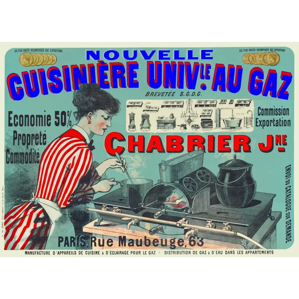 Pub Cuisinière Universelle au Gaz Chabrier Jne Paris rue Maubeuge femme fourneau tablier blanc médailles expositions