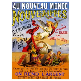 Pub Au Nouveau Monde Nouveautés Paris Rochechouart ange ailé torche globe terrestre Amérique chérubin allégorie