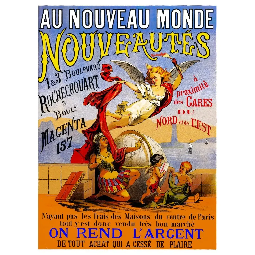 Pub Au Nouveau Monde Nouveautés Paris Rochechouart ange ailé torche globe terrestre Amérique chérubin allégorie Pub Au Nouveau Monde Nouveautés Paris Rochechouart ange ailé torche globe terrestre Amérique chérubin allégorie