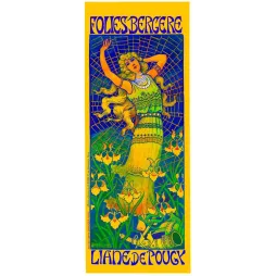 Affiche Folies Bergère Liane de Pougy signé Péal Berthon robe verte bijoux fond mosaïque bleue Art Nouveau Lemercier Paris