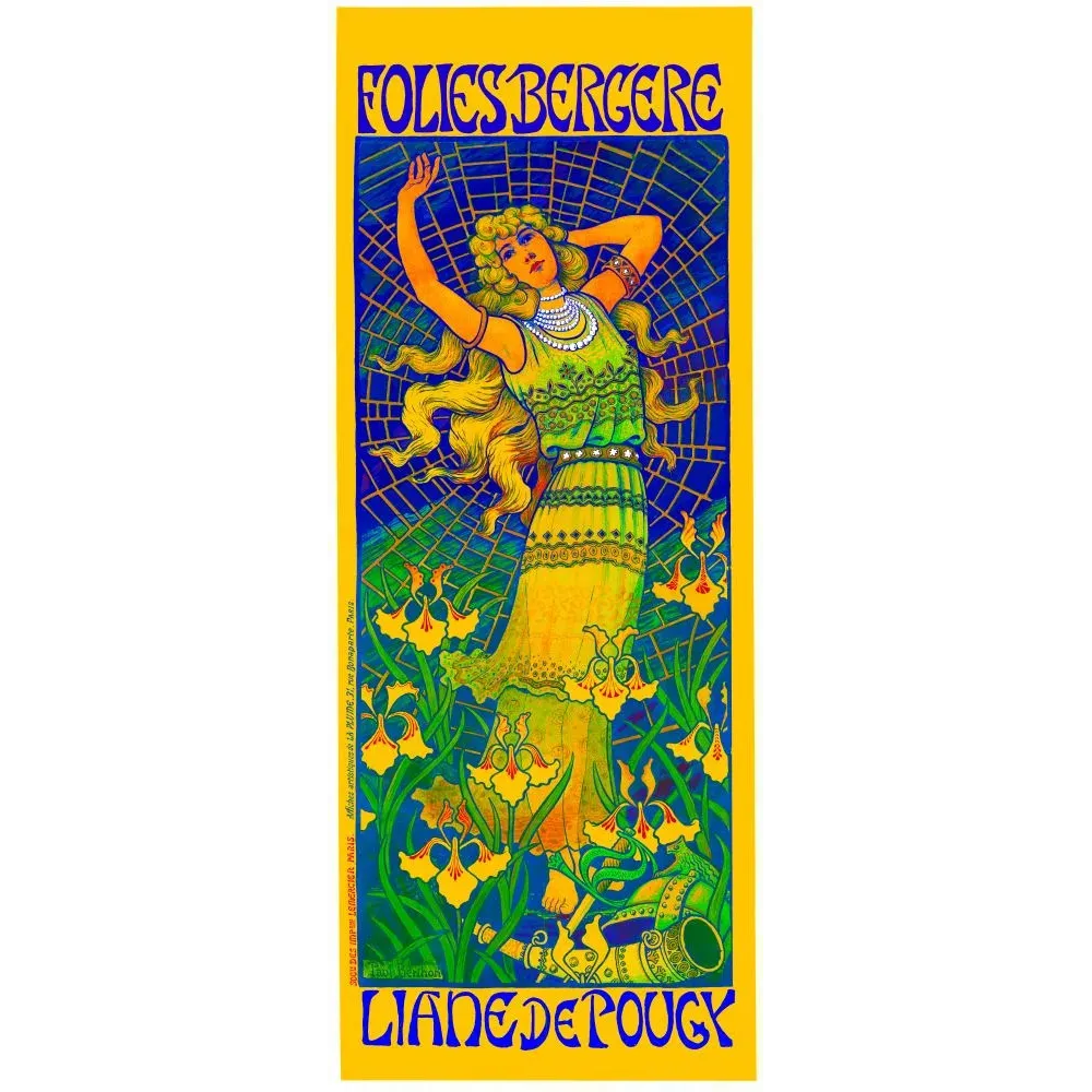 Affiche Folies Bergère Liane de Pougy signé Péal Berthon robe verte bijoux fond mosaïque bleue Art Nouveau Lemercier Paris Affiche Folies Bergère Liane de Pougy signé Péal Berthon robe verte bijoux fond mosaïque bleue Art Nouveau Lemercier Paris