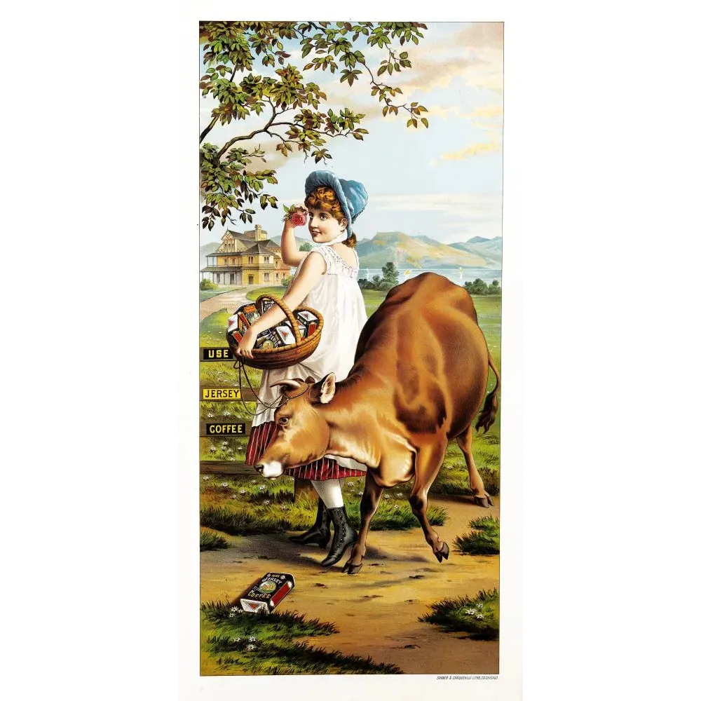 Pub Jersey Coffee fillette bonnet bleu vache Jersey panier roses campagne villa victorienne Shober Carqueville Lith Chicago