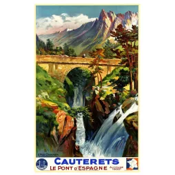 Affiche Cauterets Pont d'Espagne Pyrénées alt. 1500m signé E. Paul Champseix torrent pont pierre sommets enneigés pins PLM