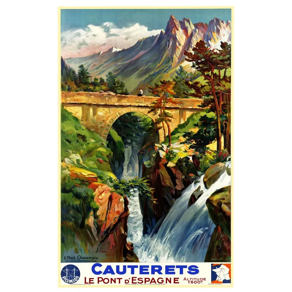Affiche Cauterets Pont d'Espagne Pyrénées alt. 1500m signé E. Paul Champseix torrent pont pierre sommets enneigés pins PLM Affiche Cauterets Pont d'Espagne Pyrénées alt. 1500m signé E. Paul Champseix torrent pont pierre sommets enneigés pins PLM