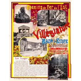 Affiche Chemins de Fer de l'Est Raon-l'Étape Vosges villégiature Donon Pierre Percée Roches Faucompierre Rue de la Gare