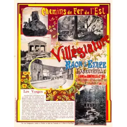Affiche Chemins de Fer de l'Est Raon-l'Étape Vosges villégiature Donon Pierre Percée Roches Faucompierre Rue de la Gare