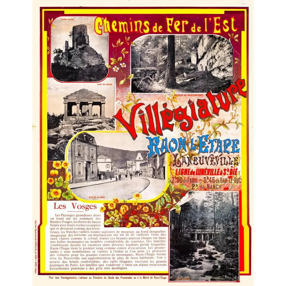 Affiche Chemins de Fer de l'Est Raon-l'Étape Vosges villégiature Donon Pierre Percée Roches Faucompierre Rue de la Gare Affiche Chemins de Fer de l'Est Raon-l'Étape Vosges villégiature Donon Pierre Percée Roches Faucompierre Rue de la Gare