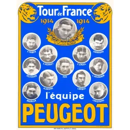Affiche Tour de France 1914 équipe Peugeot portraits Ph. Thys vainqueur Faber Garrigou Lambot Christophe lions dorés fond bleu
