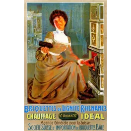 Pub Briquettes Lignite Rhénanes Union femme robe poêle faïence blanc or briquettes chauffage Société Suisse Bâle