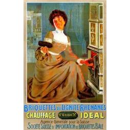 Pub Briquettes Lignite Rhénanes Union femme robe poêle faïence blanc or briquettes chauffage Société Suisse Bâle