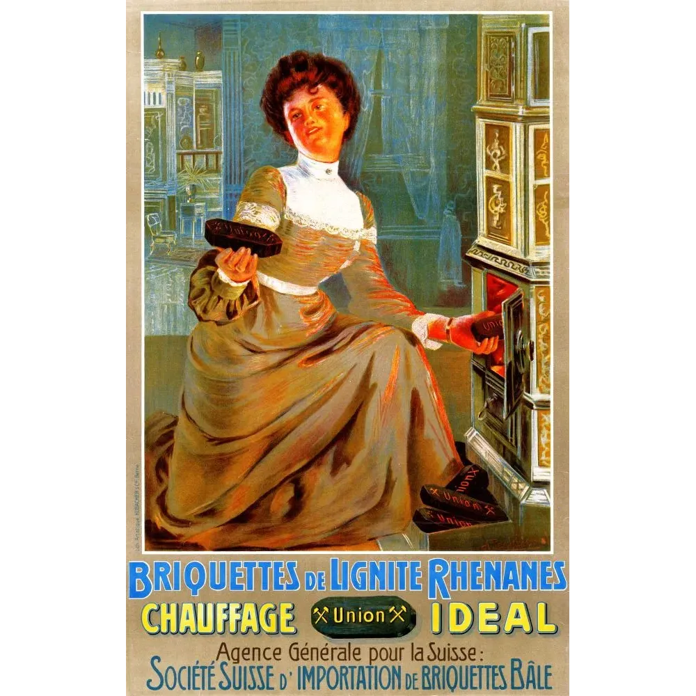 Pub Briquettes Lignite Rhénanes Union femme robe poêle faïence blanc or briquettes chauffage Société Suisse Bâle