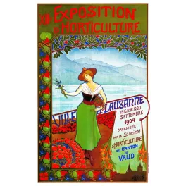 Affiche XIIIe Exposition Horticulture Lausanne 1904 O.T. Bornand femme bouquet fleurs Lac Léman Alpes Art Nouveau Canton Vaud